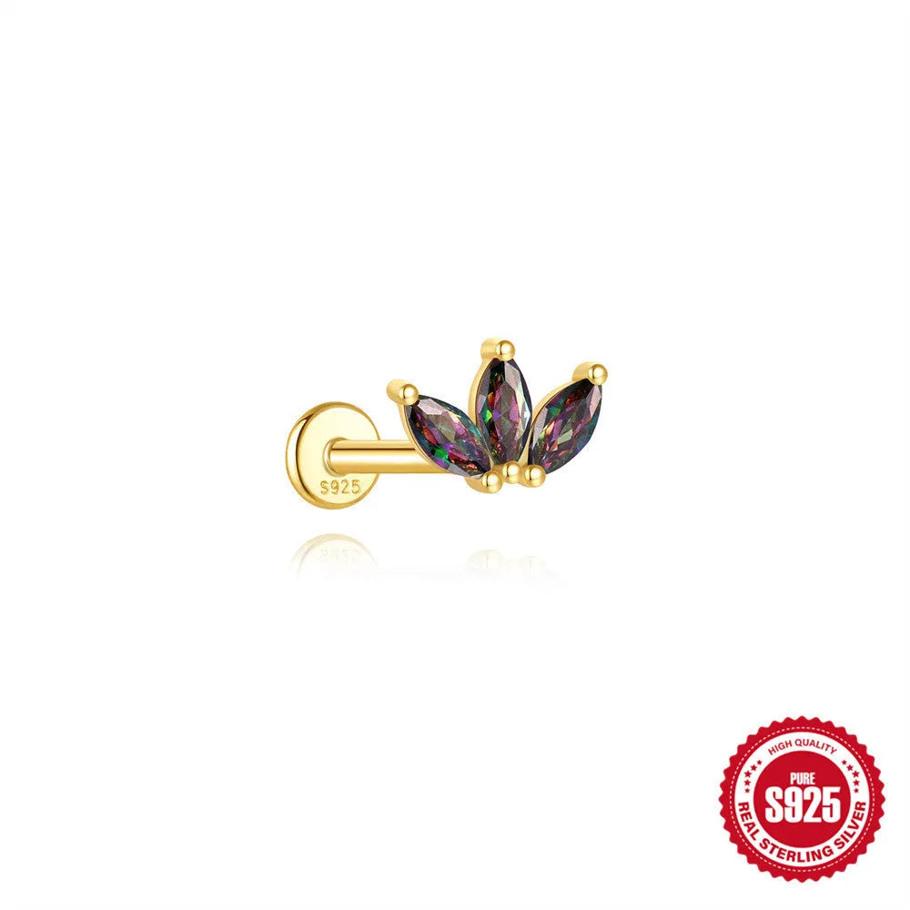 S925 sterling silver flat head thread piercing earring with super shiny rainbow stone, gold colour.
