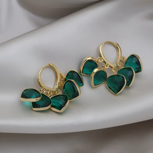 Korean style green heart pendant ear clip earrings with copper alloy and artificial gemstone