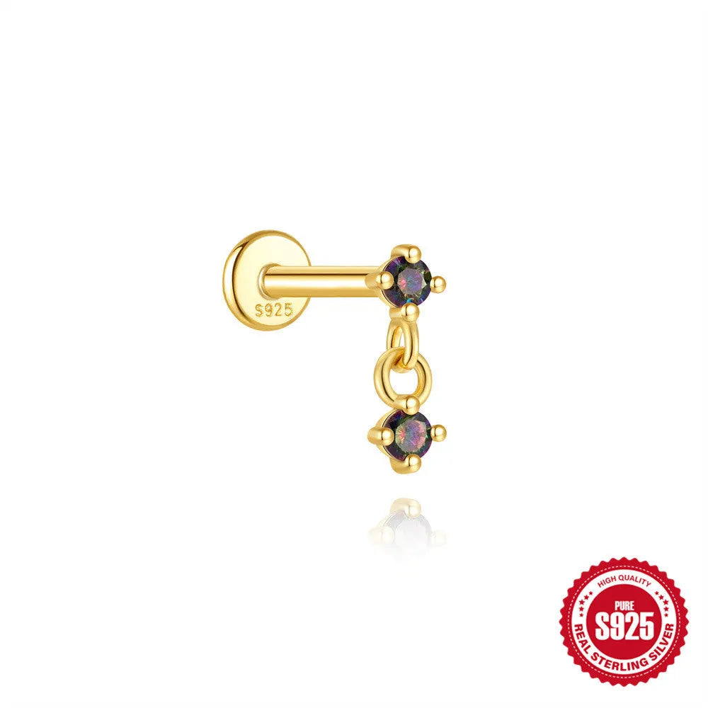S925 sterling silver flat head thread piercing earring with super shiny rainbow stone, gold colour.