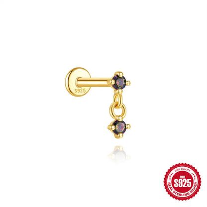 S925 sterling silver flat head thread piercing earring with super shiny rainbow stone, gold colour.