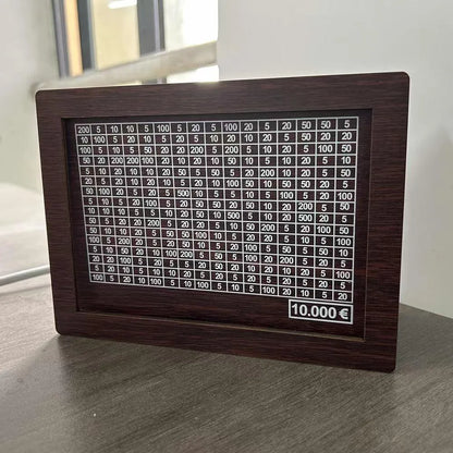 Retro wooden digital coin bank with modern design, showing currency library options.