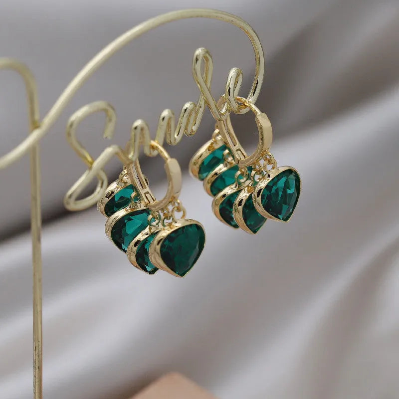 Korean style green heart pendant ear clip earrings with copper alloy and artificial gemstone