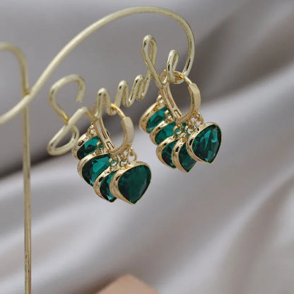 Korean style green heart pendant ear clip earrings with copper alloy and artificial gemstone