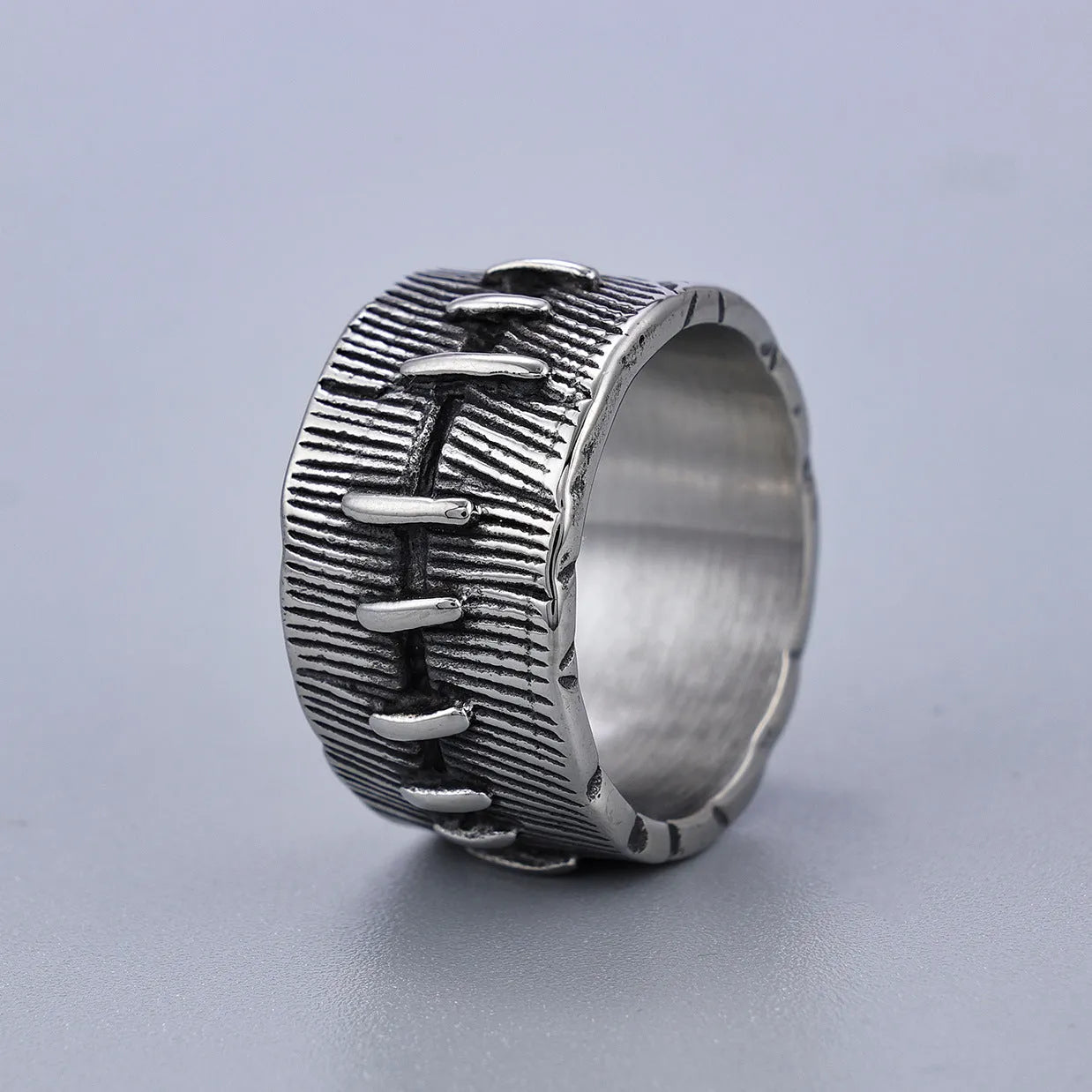 Geometric U-shaped titanium steel double ring with retro finish for dark punk jewellery