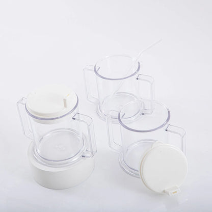 Transparent spill-proof drinking cup showing 14cm height, modern design, PP material construction