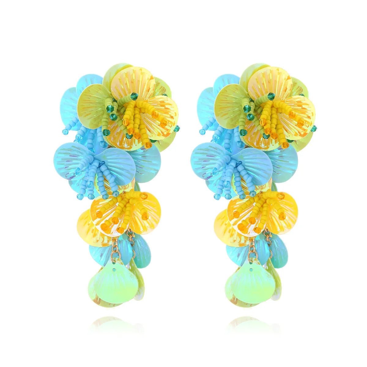 Handmade string bead flower earrings with exaggerated 5-7cm floral designs in mixed materials