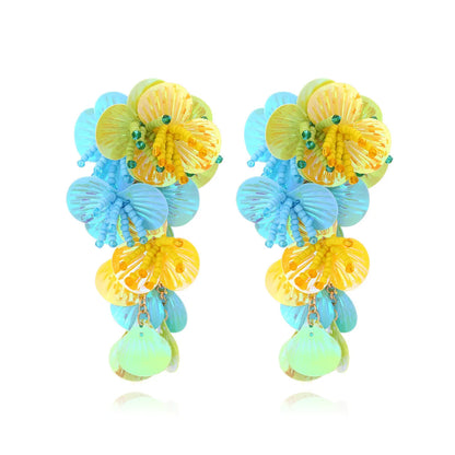 Handmade string bead flower earrings with exaggerated 5-7cm floral designs in mixed materials