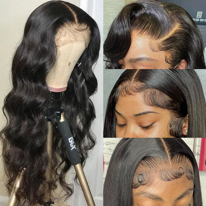 Black synthetic front lace wig with long curly hair and side bangs, showing natural hairline and 180 density volume