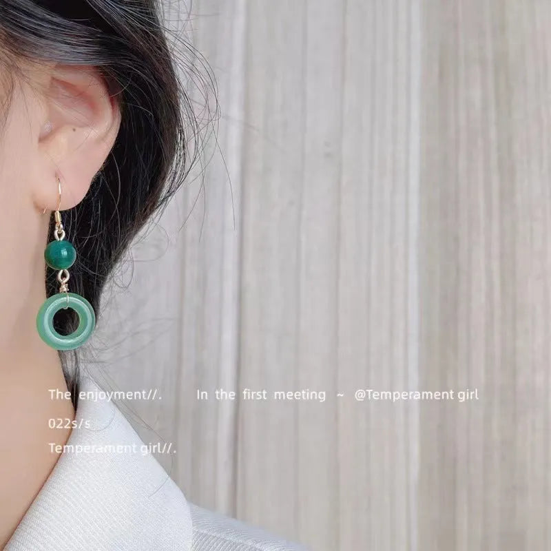 Green jade design peace buckle shaped zinc alloy earrings for Han Chinese clothing