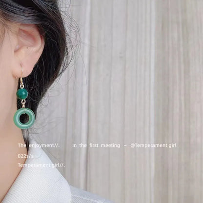 Green jade design peace buckle shaped zinc alloy earrings for Han Chinese clothing