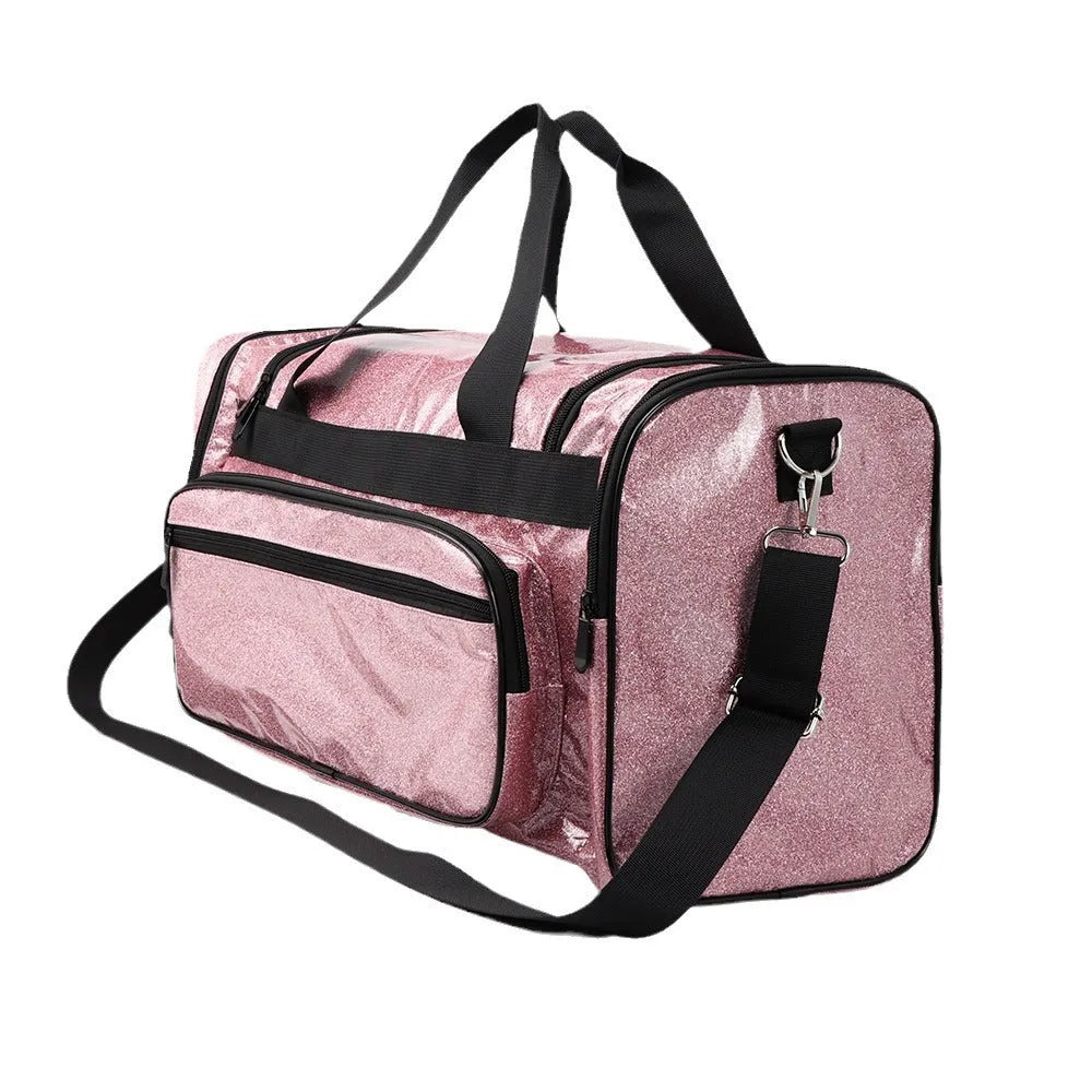 Large silver PU leather sports handbag with letter detailing, showing internal compartments.