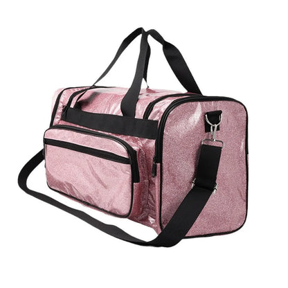 Large silver PU leather sports handbag with letter detailing, showing internal compartments.
