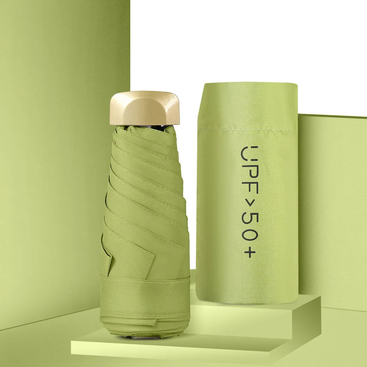 Five-fold pocket sun umbrella open showing 50cm diameter canopy in choice of 11 colours