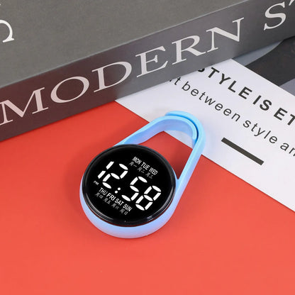 Mini digital LED electronic watch with plastic strap in various colours like fluorescent green and black on display.