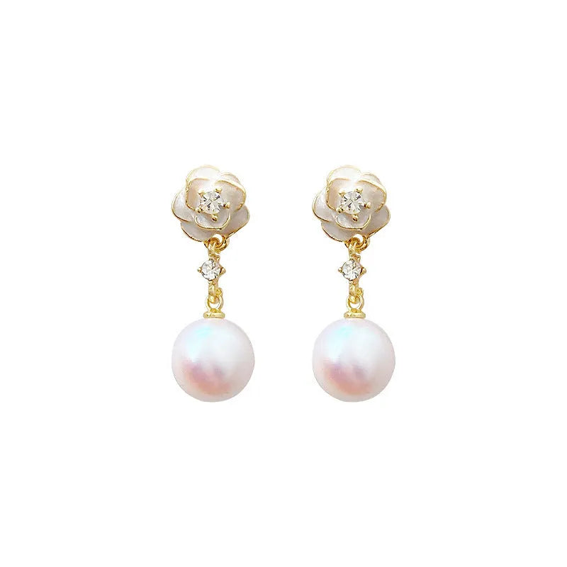 Camellia flower stud earrings with pearl centre for women