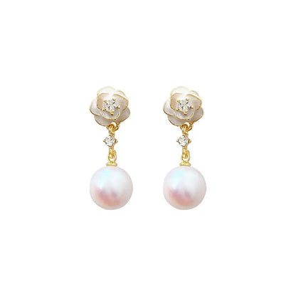Camellia flower stud earrings with pearl centre for women