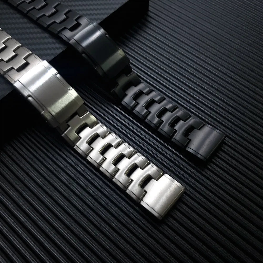 Garmin Jiaming Fenix replacement strap showing silver, black, and titanium colour options with 22mm and 26mm width measurements