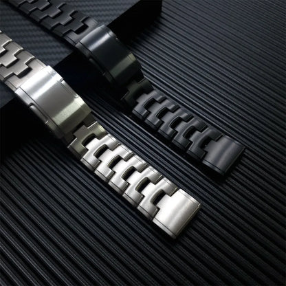 Garmin Jiaming Fenix replacement strap showing silver, black, and titanium colour options with 22mm and 26mm width measurements