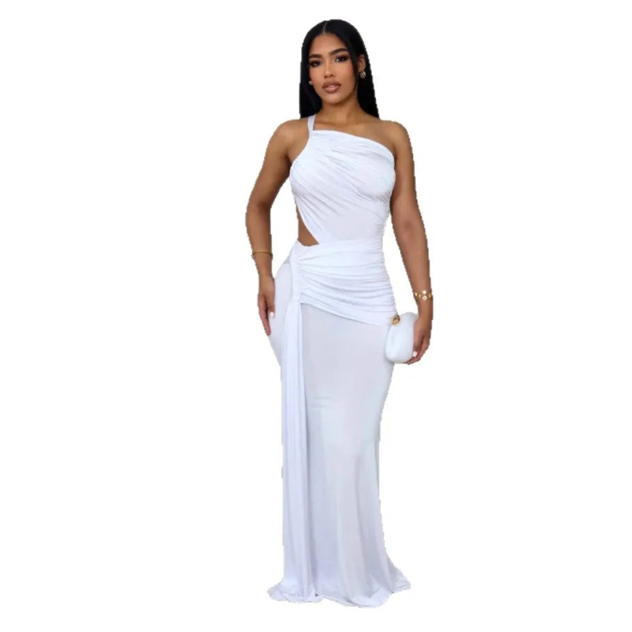 Women's long green one shoulder pleated dress with sleeveless design and hip skirt cut.