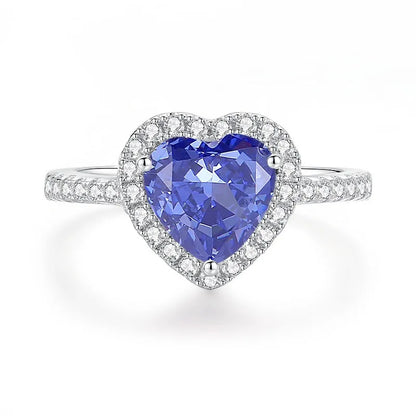Heart-shaped sterling silver ring with zircon stone in ice flower cut, showing 1.5 cm width and 1.8 cm height dimensions