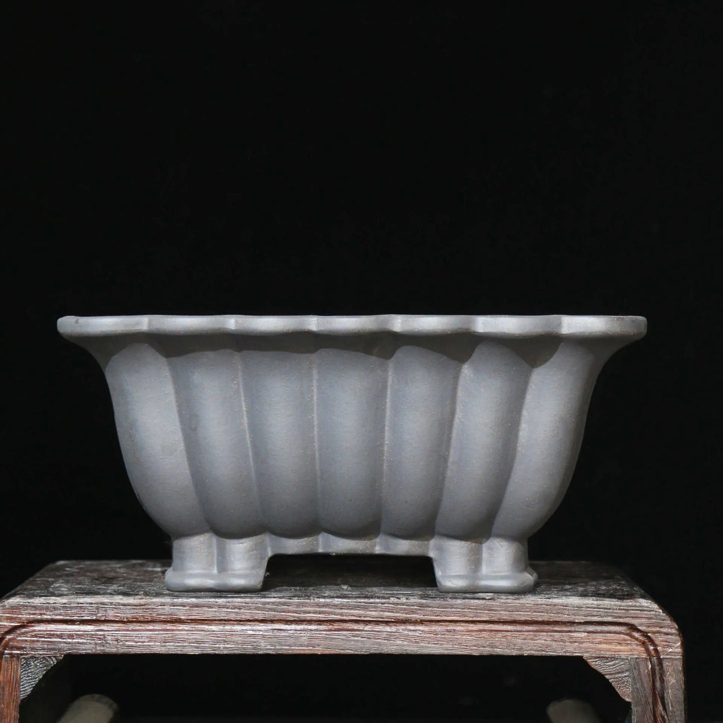 Square purple sand ceramic bonsai pot with 37cm diameter on desktop with small plant