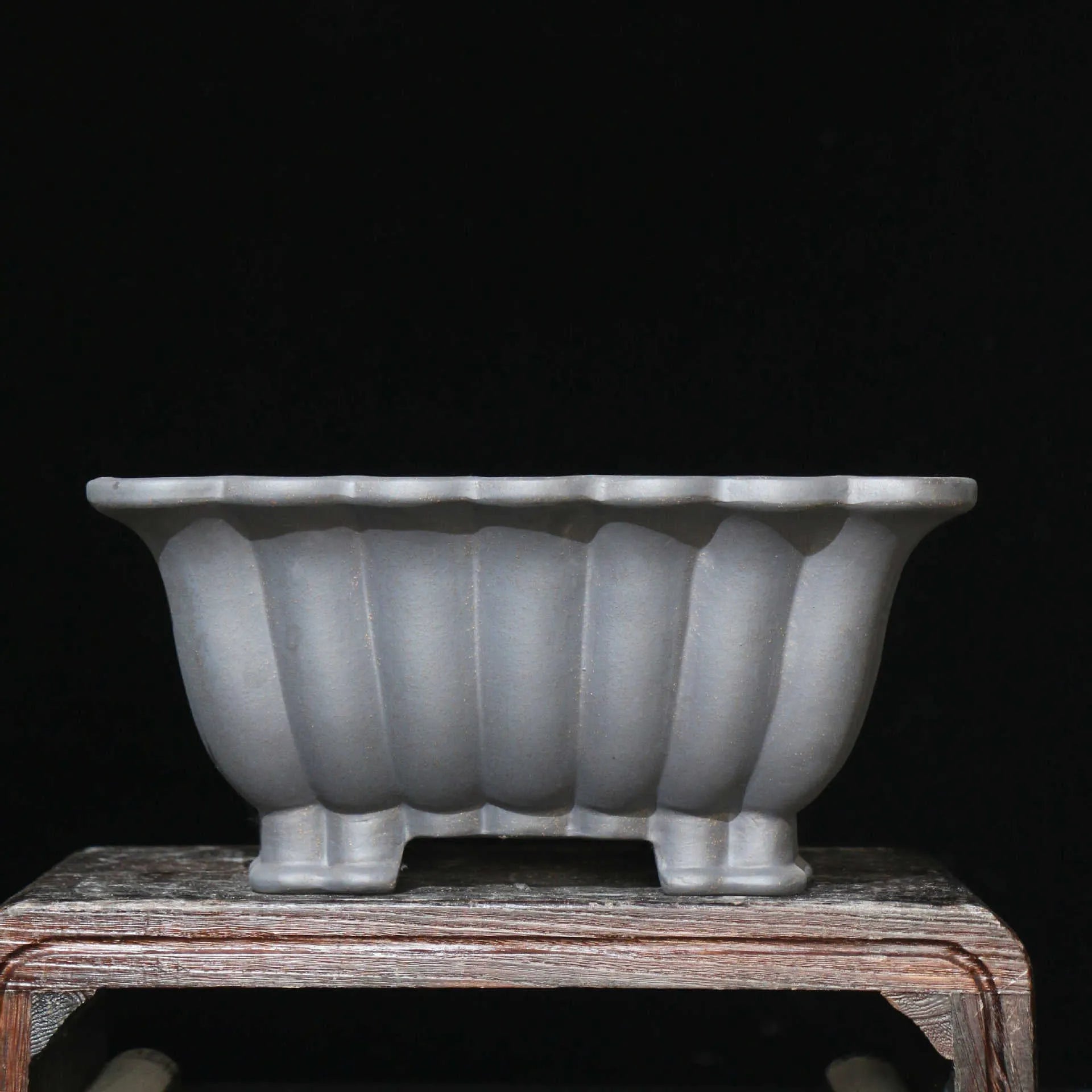 Square purple sand ceramic bonsai pot with 37cm diameter on desktop with small plant