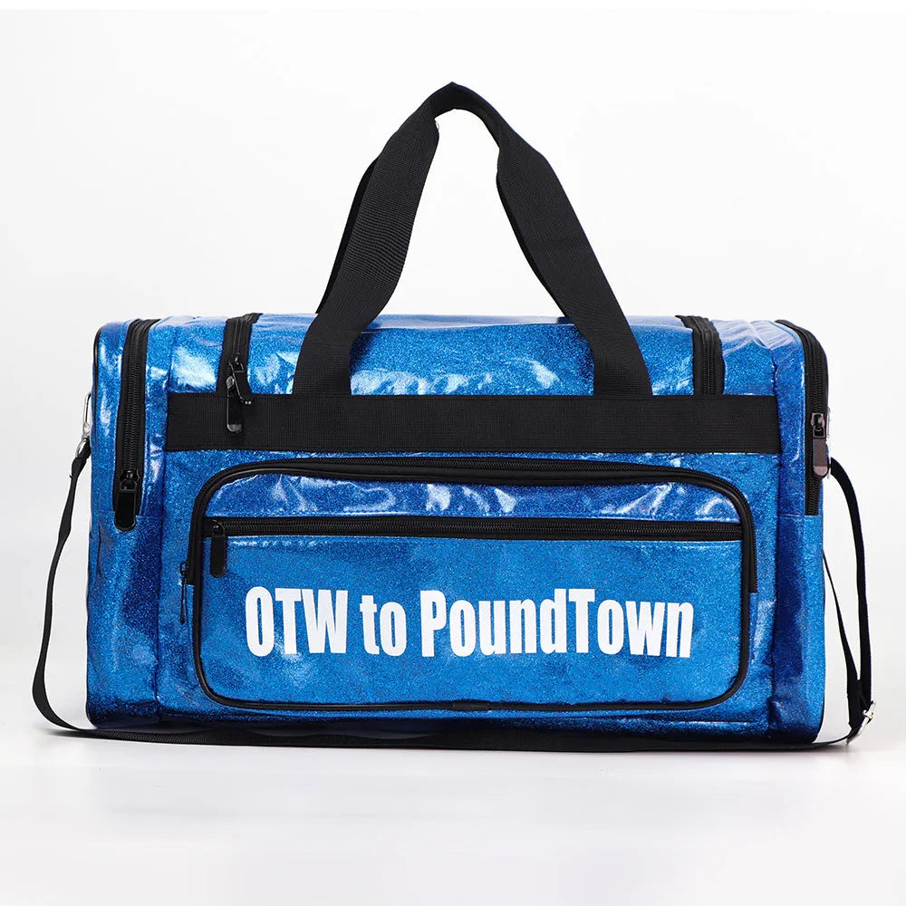 Large silver PU leather sports handbag with letter detailing, showing internal compartments.