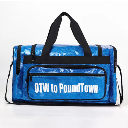 Large silver PU leather sports handbag with letter detailing, showing internal compartments.