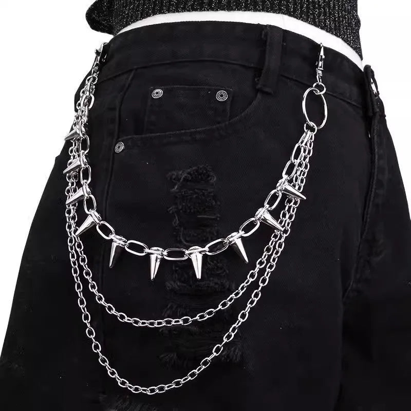 Silver double-layer pants chain with zipper and rivet details measuring 115cm for punk hip hop fashion