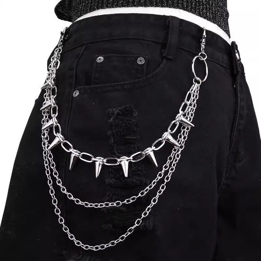 Silver double-layer pants chain with zipper and rivet details measuring 115cm for punk hip hop fashion