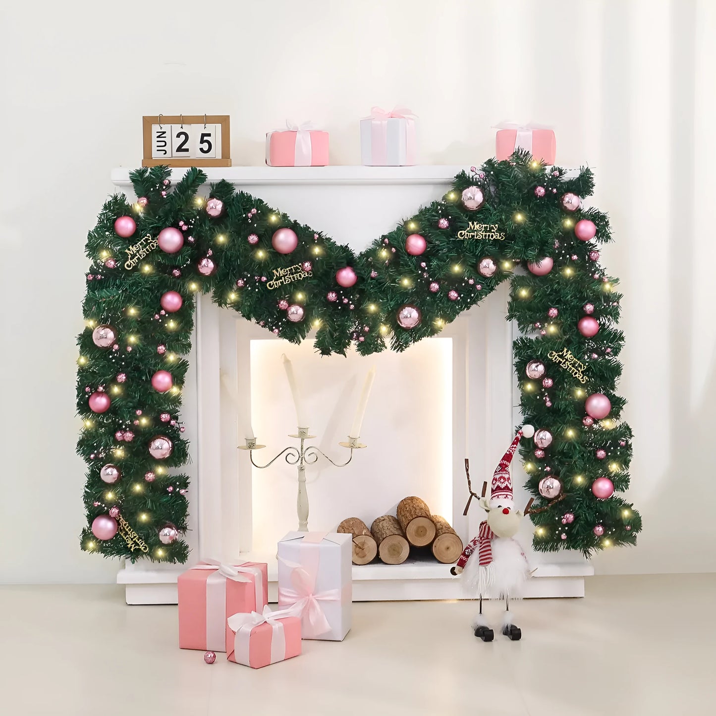 2.7 metre pink artificial rattan Christmas garland with 240 PVC foliage heads and optional coloured lighting