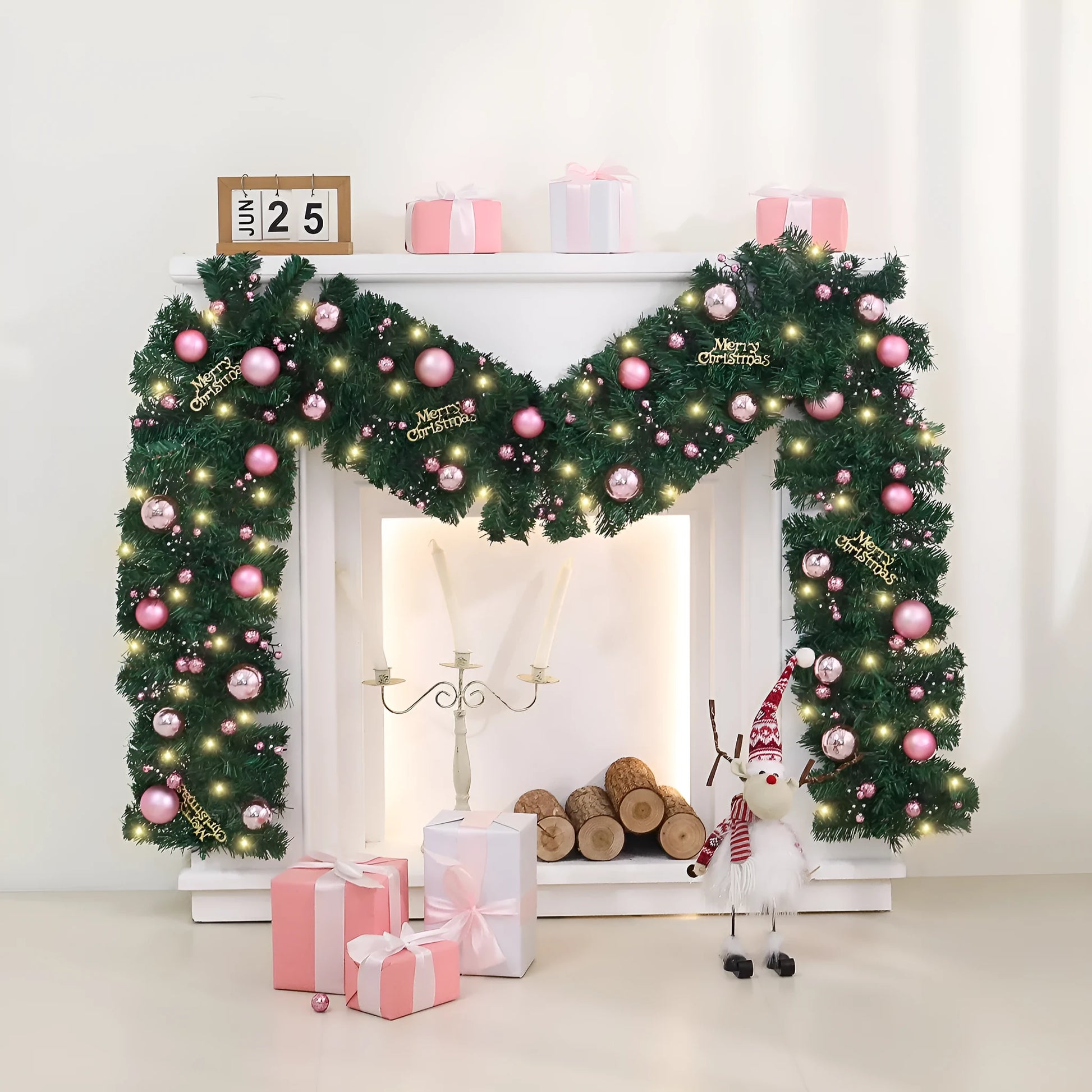 2.7 metre pink artificial rattan Christmas garland with 240 PVC foliage heads and optional coloured lighting