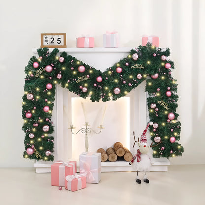 2.7 metre pink artificial rattan Christmas garland with 240 PVC foliage heads and optional coloured lighting