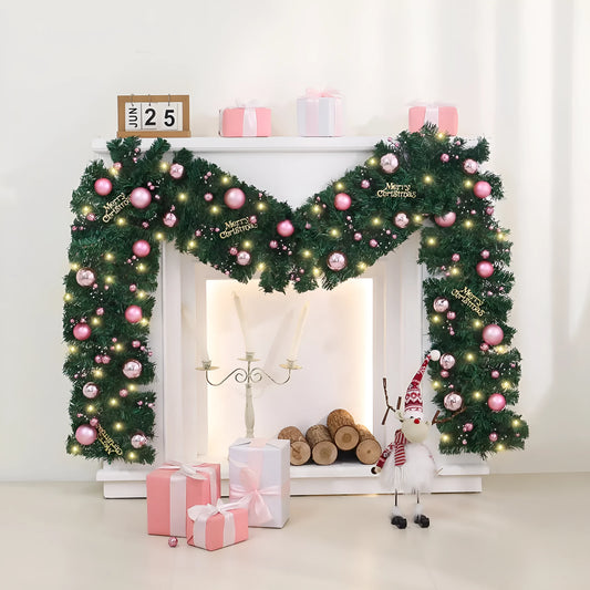 2.7 metre pink artificial rattan Christmas garland with 240 PVC foliage heads and optional coloured lighting