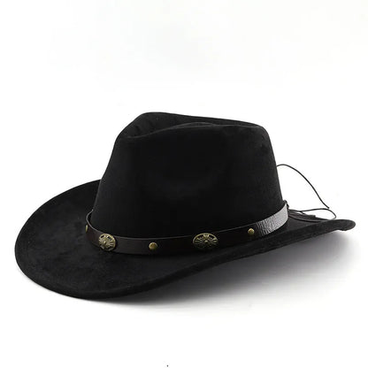 Brown leather velvet cowboy hat with curved brim and conical crown.