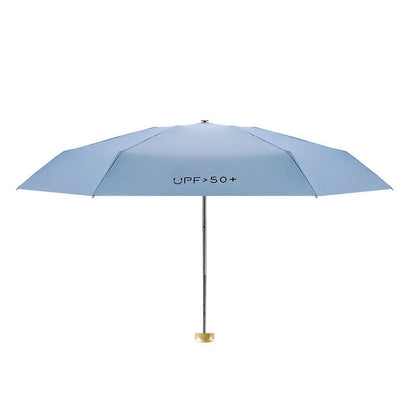 Five-fold pocket sun umbrella open showing 50cm diameter canopy in choice of 11 colours