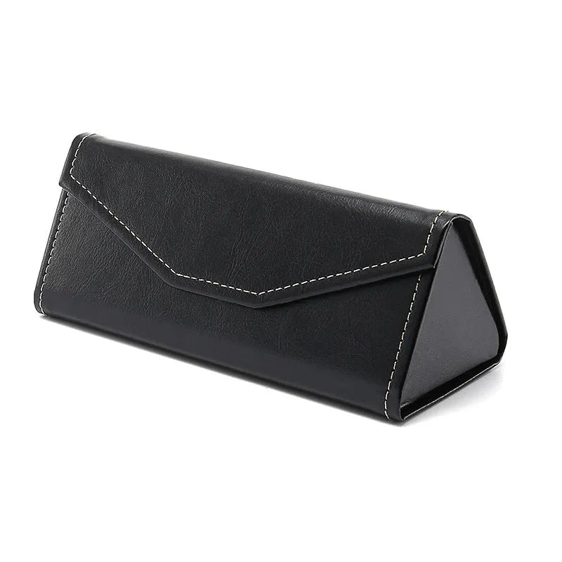 Handmade triangle folding PU cowhide glasses case in multiple colours measuring 160x66x16mm