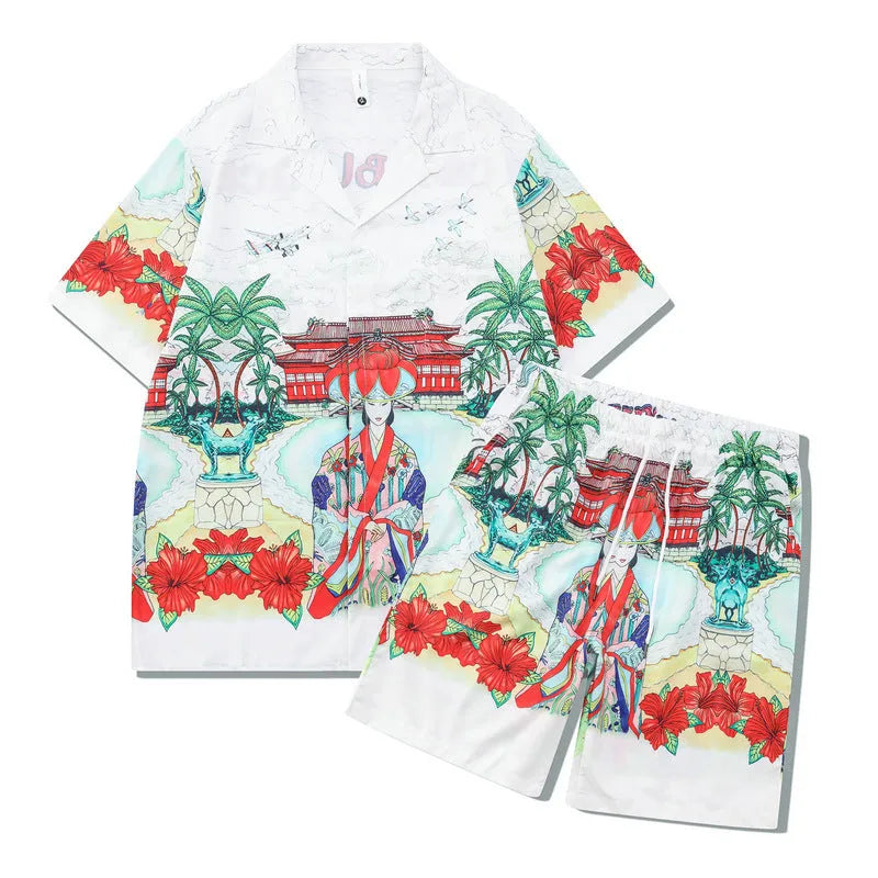 Men's and women's plaid pattern beach shirt outfit with top and trousers on mannequin