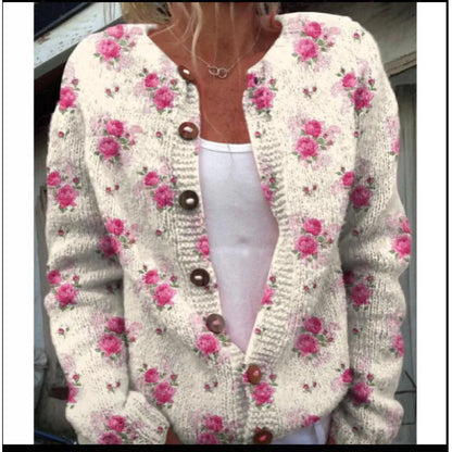 Women's long sleeve cardigan coat with a colourful digital print pattern, open front design