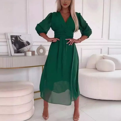 V-neck waist-tight long sleeve chiffon dress for women in green, blue, black, and rose red