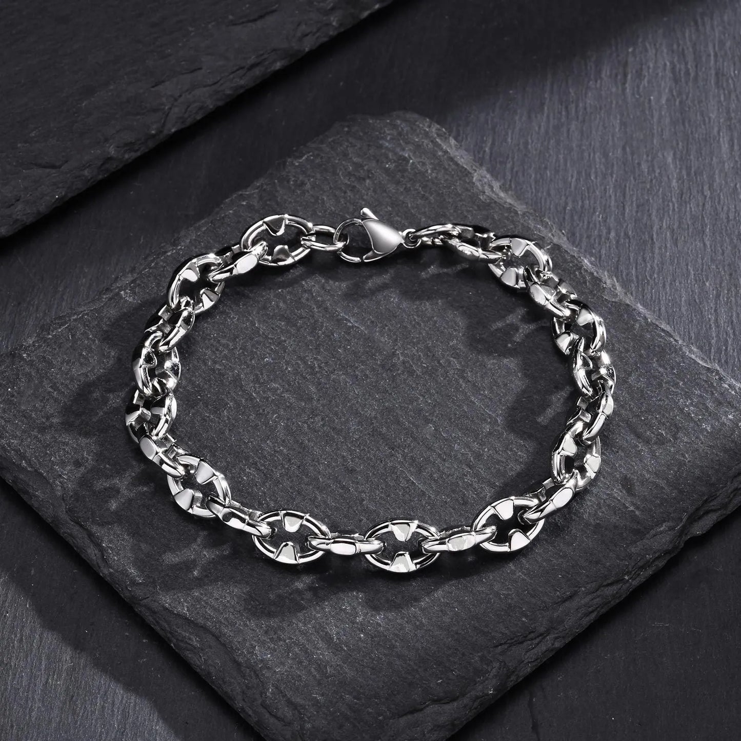 Steel colour stainless steel geometric chain bracelet with 8mm wide links and adjustable 20-24cm length