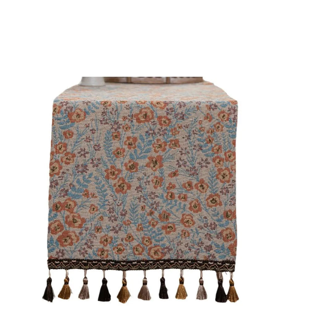 Beige jacquard table runner with long tassels and floral patterns, sizes 33x120cm to 33x400cm