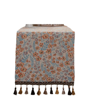 Beige jacquard table runner with long tassels and floral patterns, sizes 33x120cm to 33x400cm