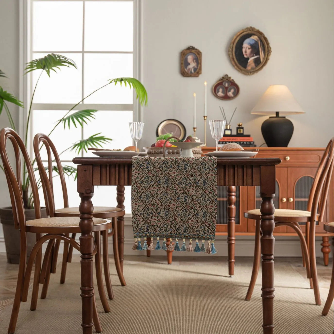 Dark blue jacquard stripe table flag with tassel trim, 32cm wide, showing textured weave pattern