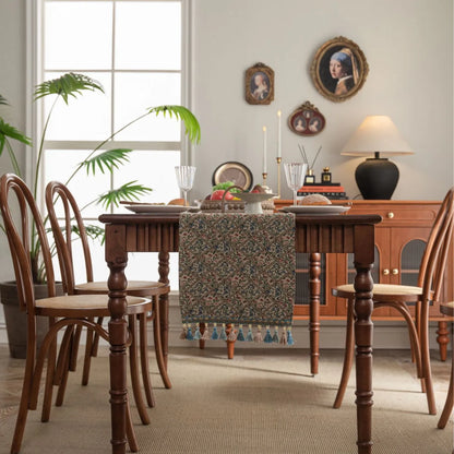 Dark blue jacquard stripe table flag with tassel trim, 32cm wide, showing textured weave pattern