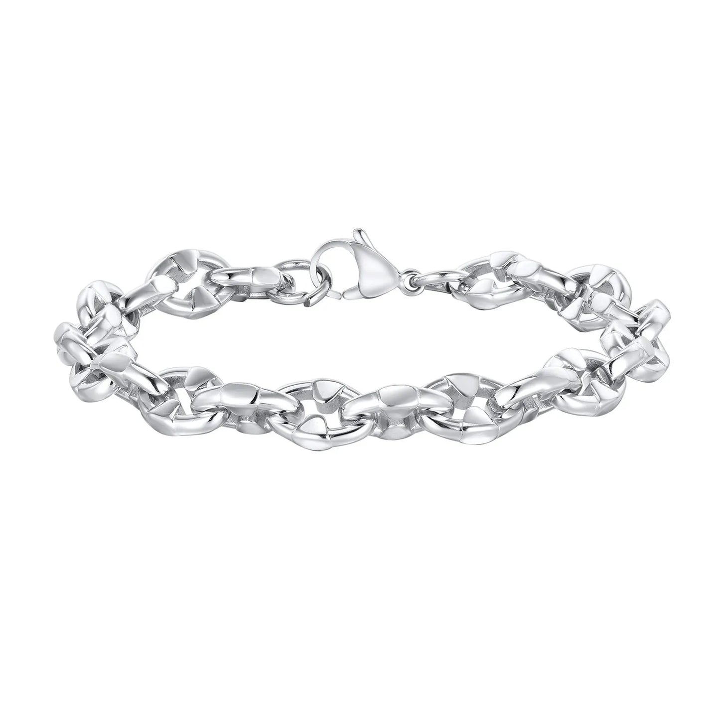 Steel colour stainless steel geometric chain bracelet with 8mm wide links and adjustable 20-24cm length