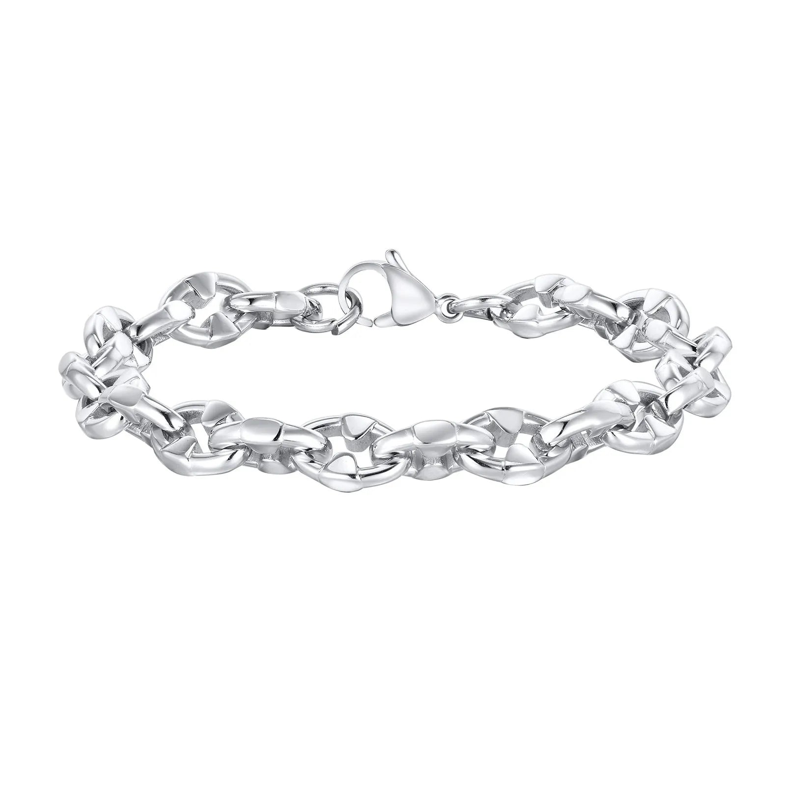 Steel colour stainless steel geometric chain bracelet with 8mm wide links and adjustable 20-24cm length