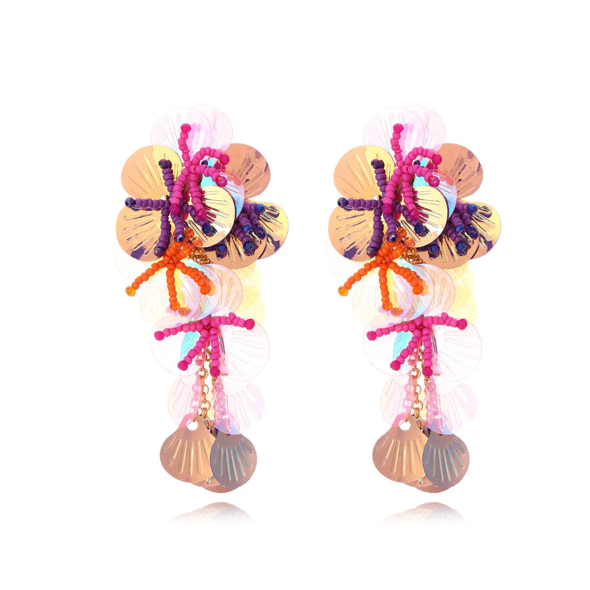 Handmade string bead flower earrings with exaggerated 5-7cm floral designs in mixed materials