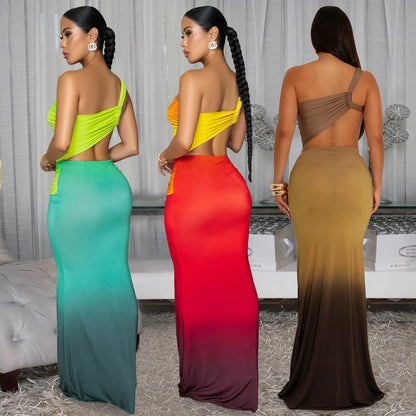 Women's gradient colour cross-shoulder dress with high waist and long skirt in green, red, or brown