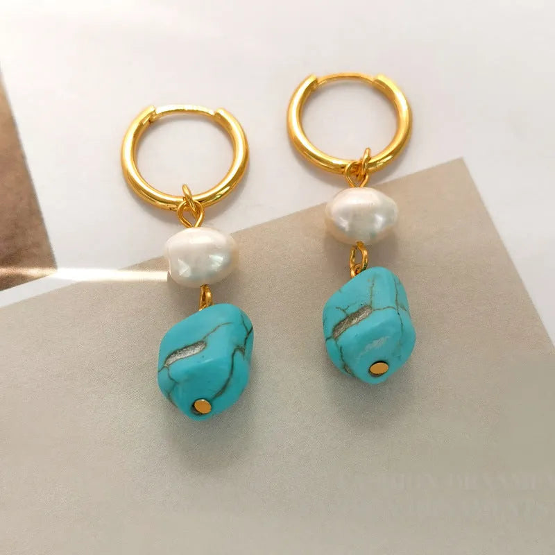 Copper clip earrings with irregular turquoise stones and cultured pearls in geometry shape